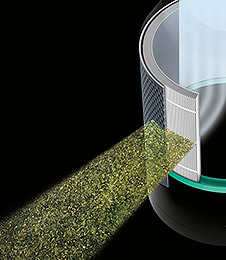 Cut away view of the 360° filter, showing airflow through the filter layers.