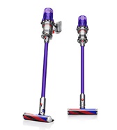 Two Dyson Digital Slim Fluffy Extra cordfree vacuum cleaners with fluffy attachments. Both viewed from the front, one turned out slightly.