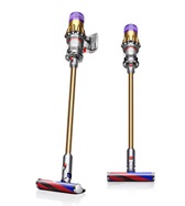 Two Dyson Digital Slim Fluffy Pro cordfree vacuum cleaners with fluffy attachments. Both viewed from the front, one turned out slightly.